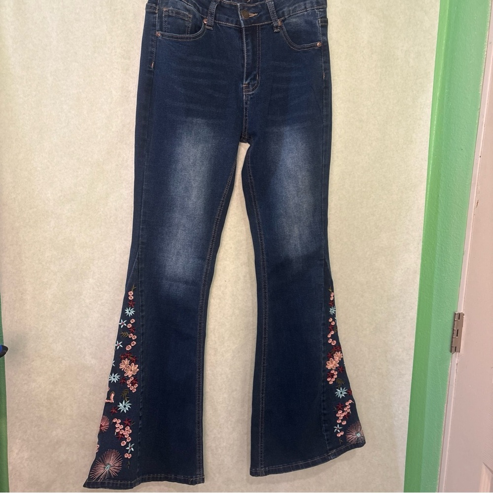 BAMBOO Dark Blue Distressed Embroidered Flare Jeans
